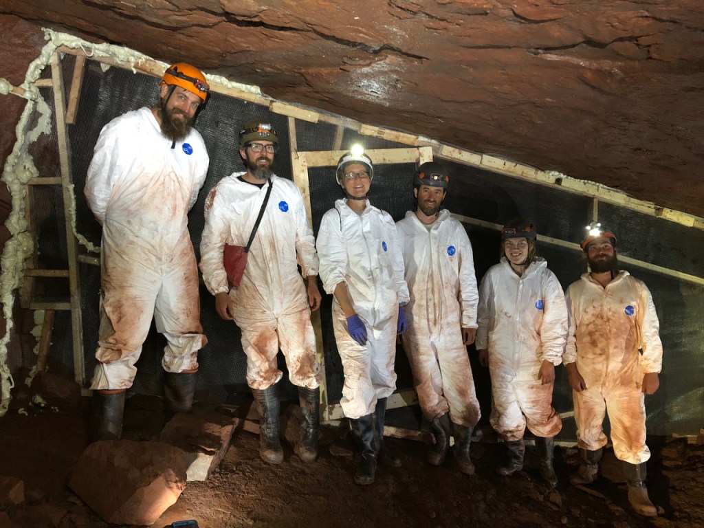 The underground field crew, including staff from Ruffner Mountain, Bat Conservation International and University of Winnipeg, with the temporary barrier built inside the mine so bats were excluded from the area during the field experiment.