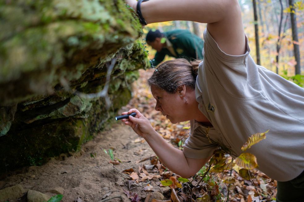 In the foreground, Allison Cochran shines a flashlight under an outcropping of rock. Jason Harris can be seen in the background searching another part of the rock face.