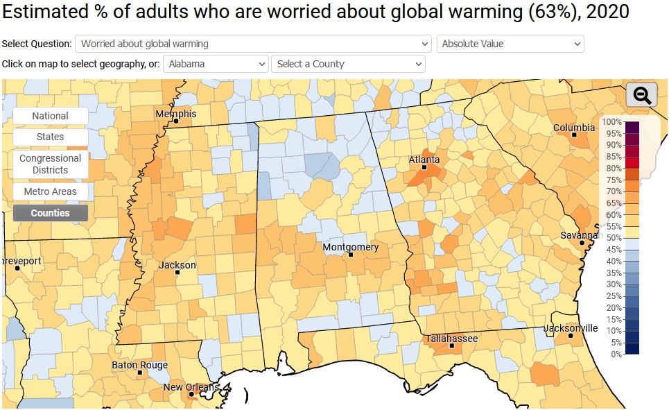 A map of the southeast, divided into counties, with the percentage of adults in each county who are worried about global warming.