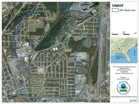 A satellite view of the Collegeville, Harriman Park and Fairmont neighborhoods, with a blue line representing the boundaries of the Superfund site. Railroads and industrial plants are visible, alongside residential neighborhoods.