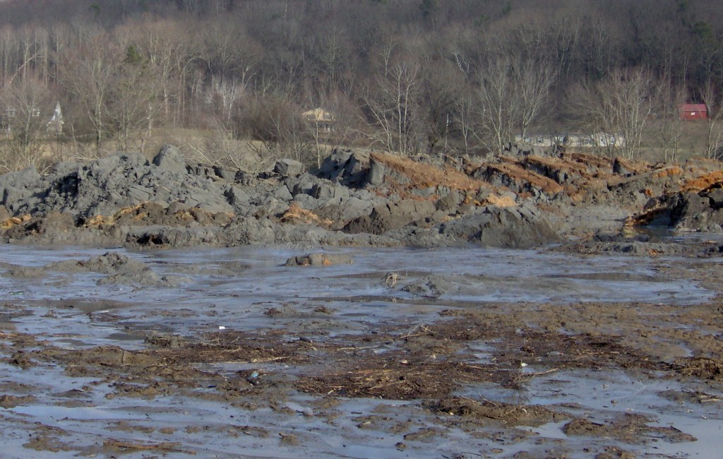 Black sludge and piles of coal ash, with several homes visible in the background.