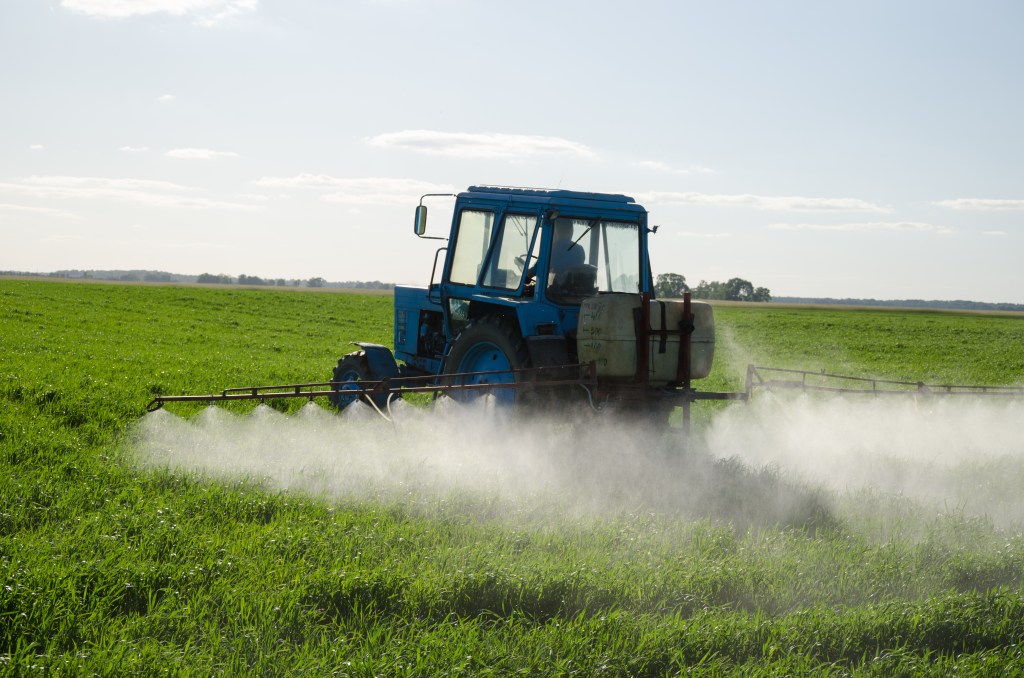 A blue tractor with rows of sprayers on either side of it. The sprayers are releasing a white liquid. The field's crops are short and bright green.
