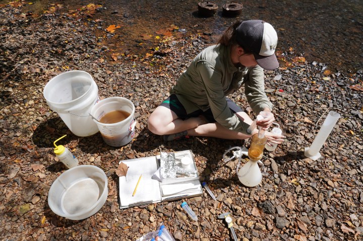A woman sits cross-legged on the rocky shore of a river. Various plastic buckets, tubes and a notebook sit around her, as she tests a sample of brown water.