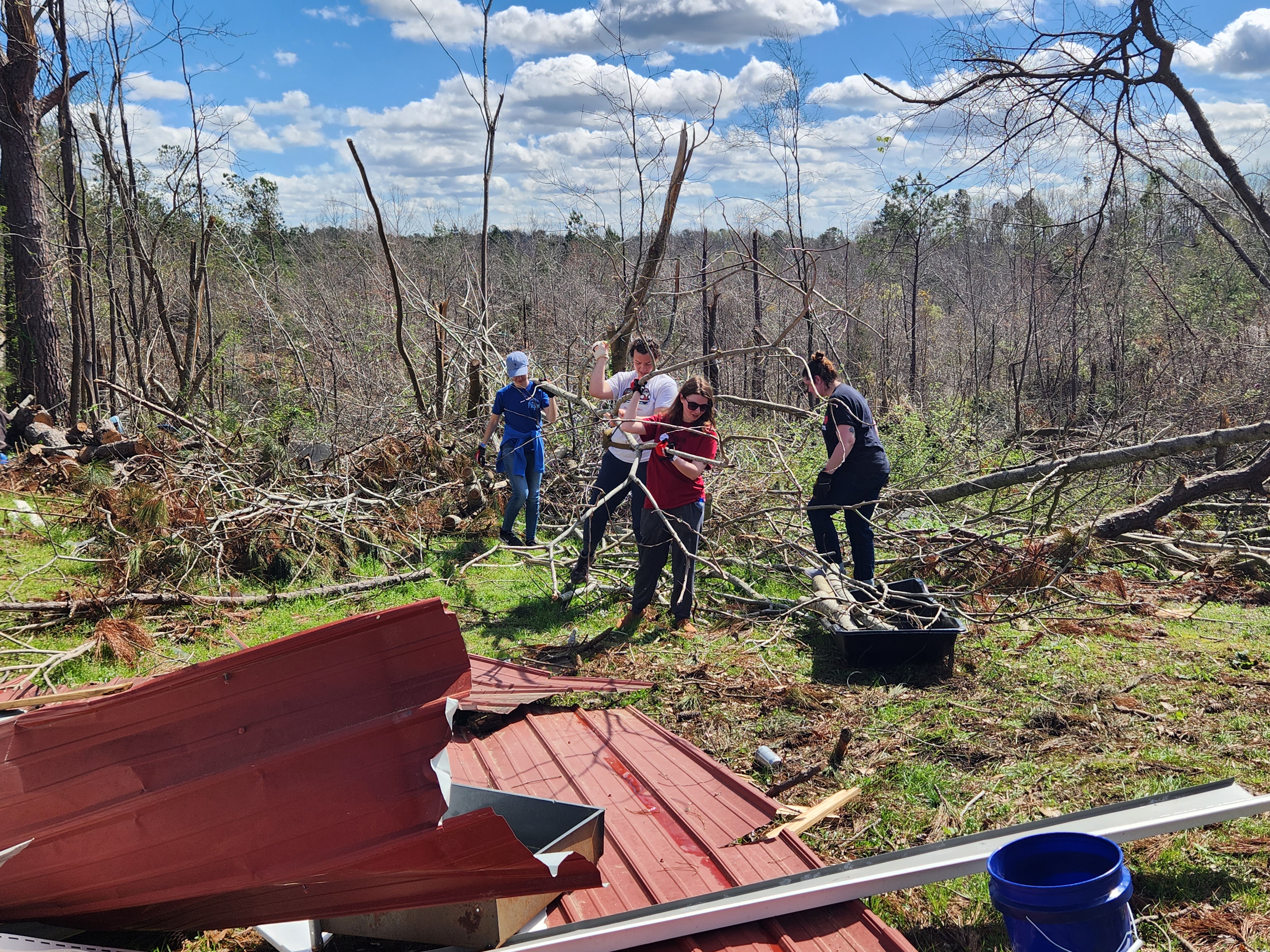 A group of four people carry fallen tree limbs from a large pile of brush. A warped and damaged sheet of metal can be partially seen in the foreground.