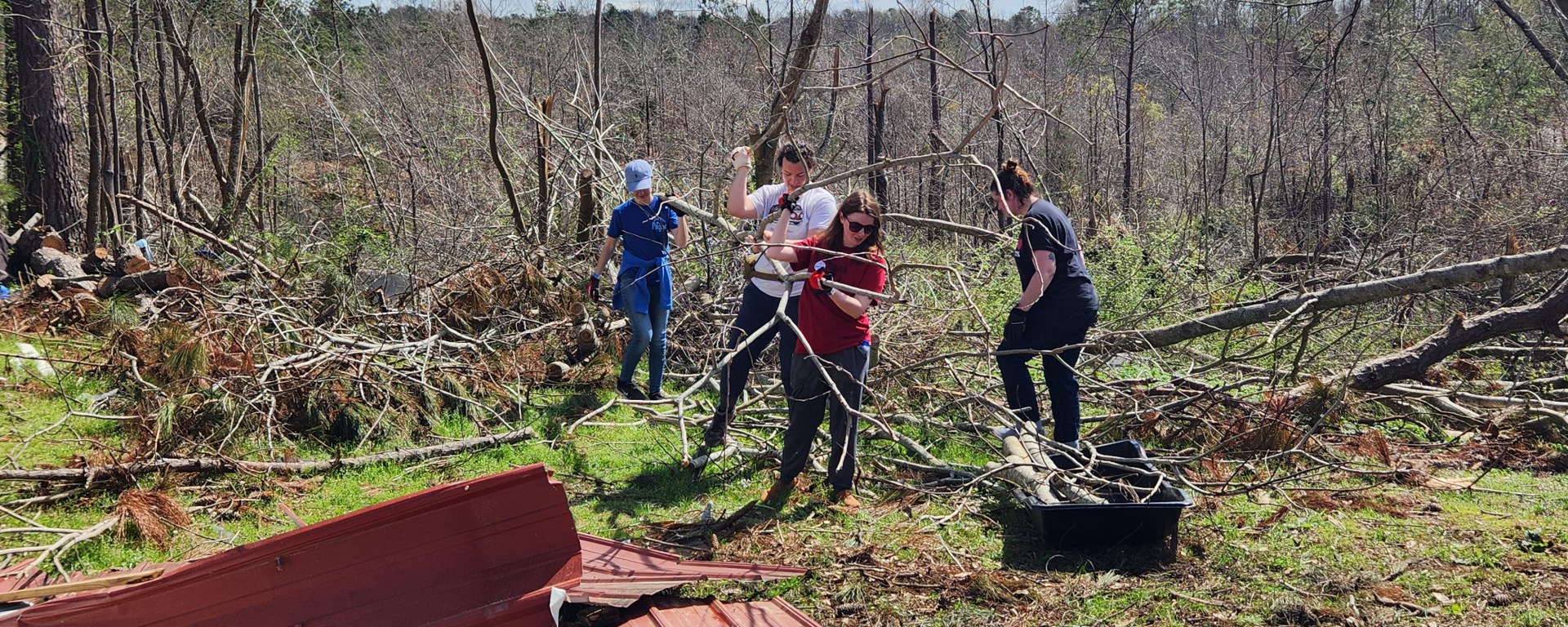 A group of four people carry fallen tree limbs from a large pile of brush. A warped and damaged sheet of metal can be partially seen in the foreground.