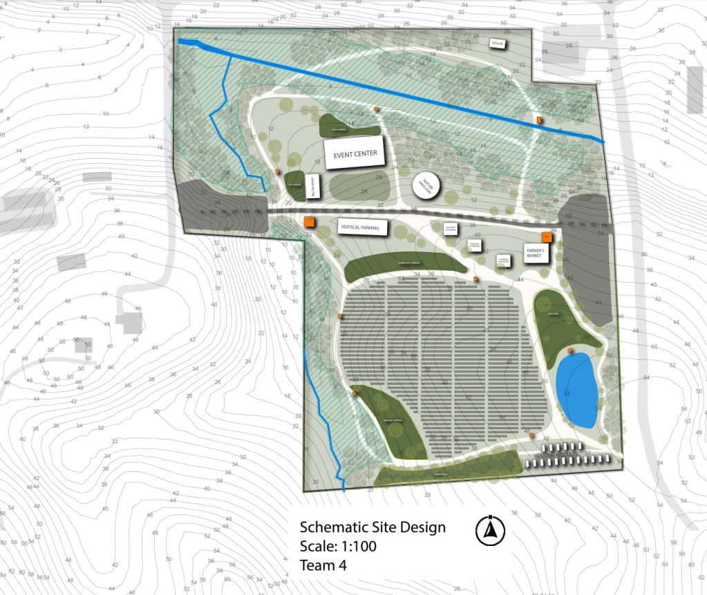 The design outlines the entire project, with the event center, outdoor classrooms, vertical greenhouses, a farmer's market, tiny homes, community gardens and solar arrays.