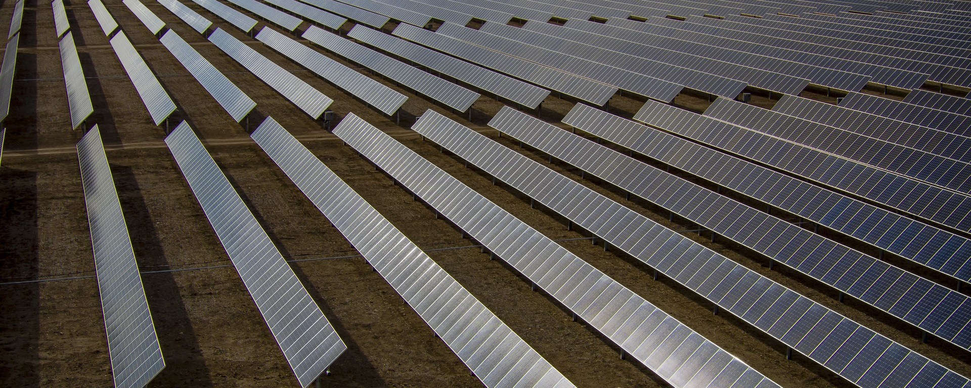 Rows of solar panels facing the left side of the image and stretching to the horizon.