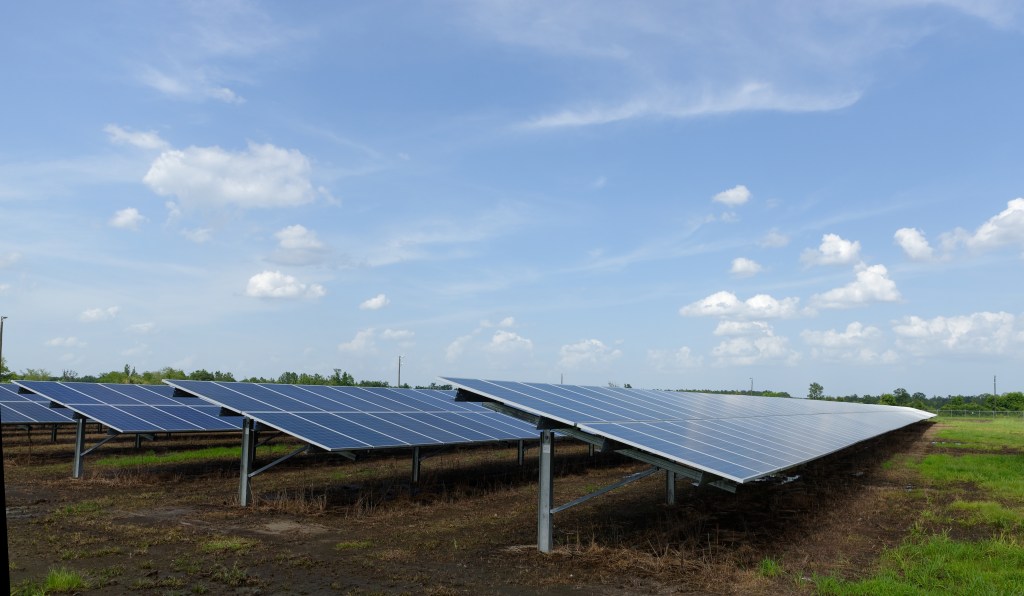 A photo from ground level showing four rows of solar panels, pointed upward toward a mostly sunny sky.
