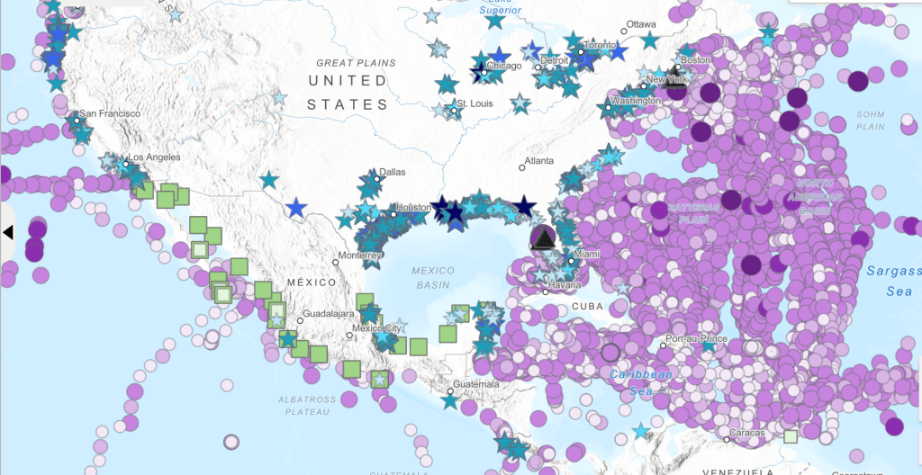 The map shows clusters of dots all along the US and Central American coasts, as well as the great lakes and some river systems. There are also data points in the Pacific Ocean and a huge concentration in the Atlantic and Caribbean, but the Gulf of Mexico is empty except for coastline data.