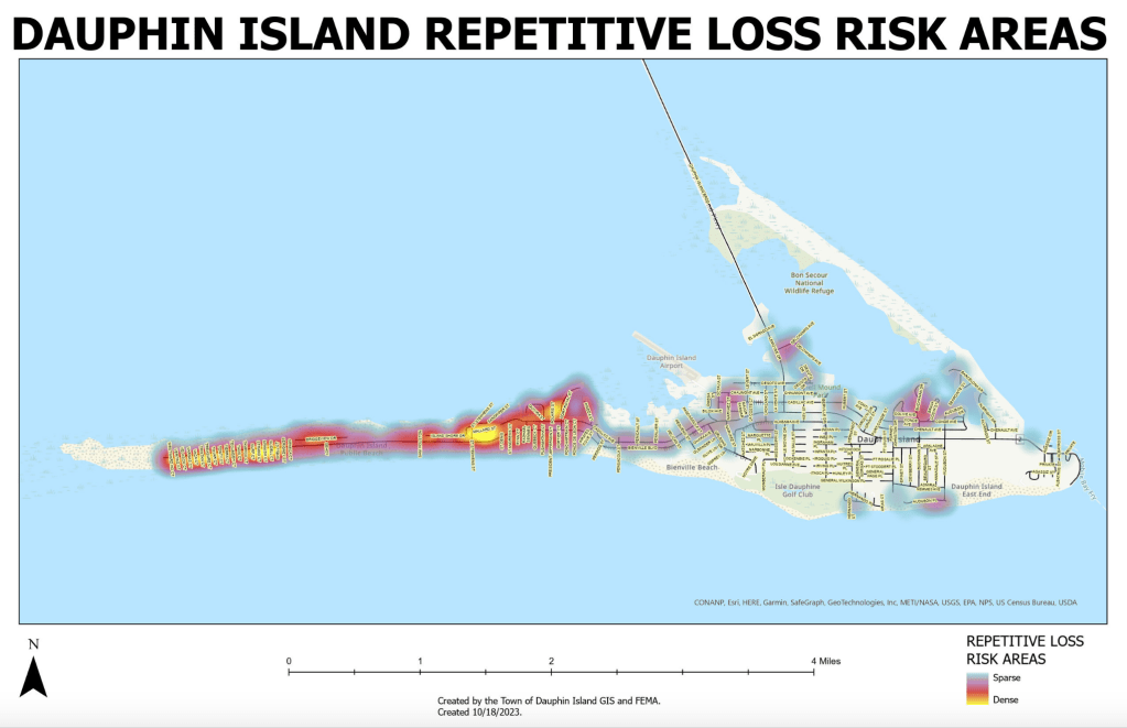 An overhead street map of the island with hot spots showing level of risk for repetitive loss. The most dense areas are on the narrow west end, but most of the coastline has at least some repetitive loss properties.